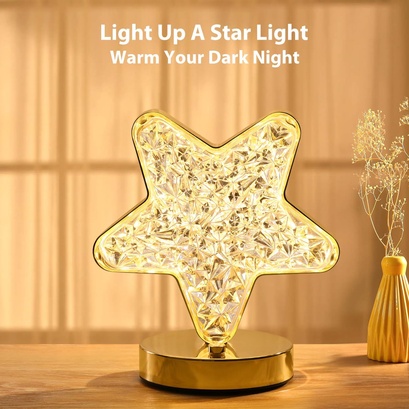 Star Table Lamp, Stepless Dimmable Touch Lamp with 3 Colors, Crystal Star Light Bedside Lamp for Nightstand Desk Bedroom Living