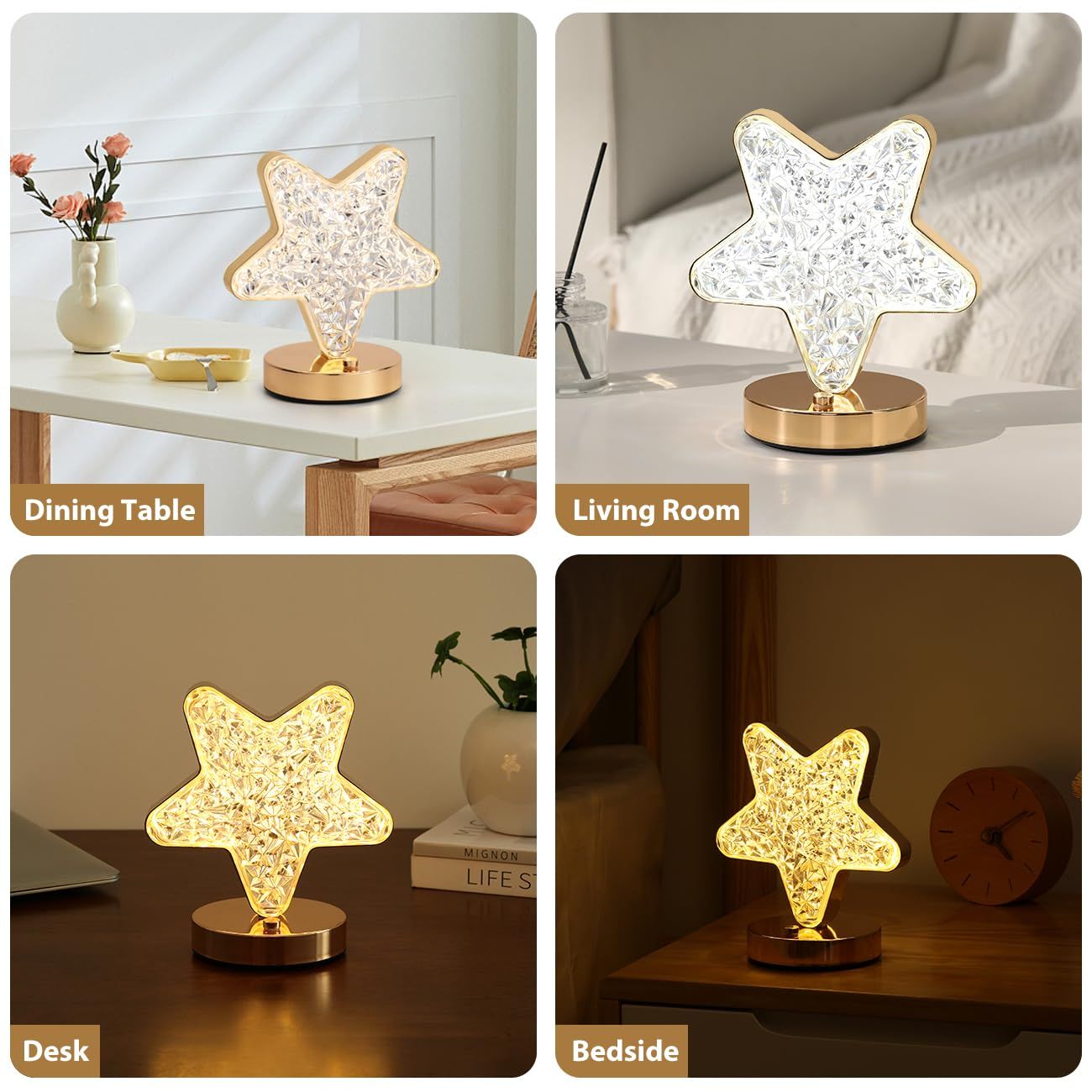 Star Table Lamp, Stepless Dimmable Touch Lamp with 3 Colors, Crystal Star Light Bedside Lamp for Nightstand Desk Bedroom Living
