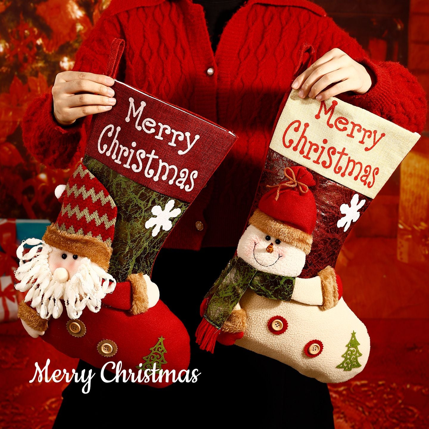 Christmas Plush Decorative Stockings, Exquisite Patchwork Craft, Fill Them with Fairy Tales and Surprise Gifts (Button Reindeer)