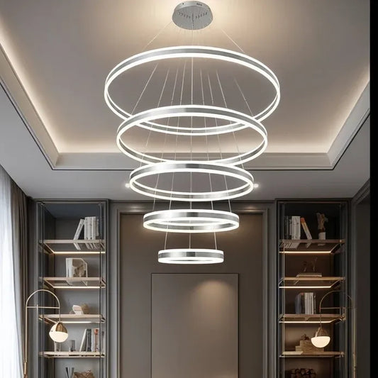 BAMDECOR A18813/5 Modern LED ChandelierRings Round Ceiling Lighting Fixture 3 Color Temperatures Contemporary Chandeliers (5 Rings-Silver)