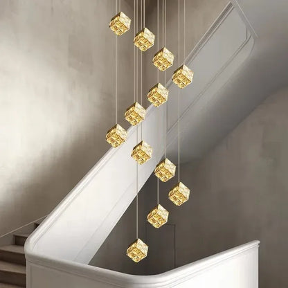 BAMDECOR LT02 12 Hanging Crystal Cube Chandelier LED Chandelier for Dining Room, Luxury Dimmable Enterway Led Pendant Lights Fixture (Gold)