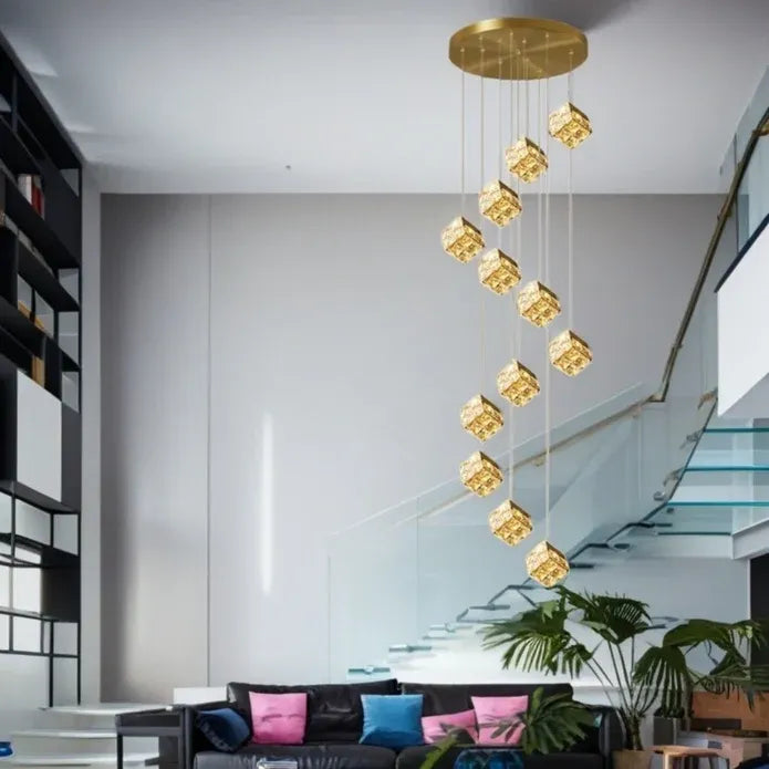 BAMDECOR LT02 12 Hanging Crystal Cube Chandelier LED Chandelier for Dining Room, Luxury Dimmable Enterway Led Pendant Lights Fixture (Gold)