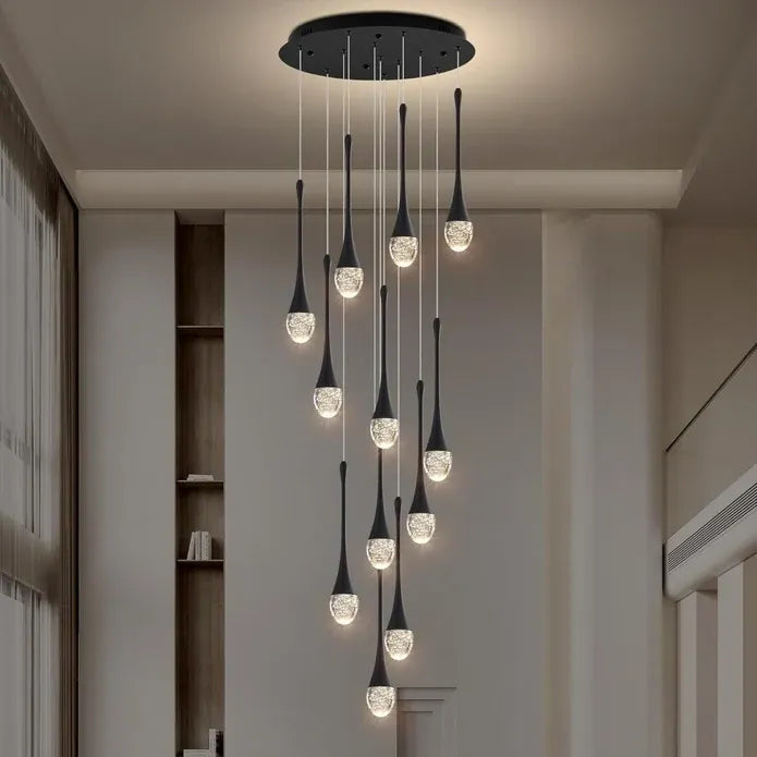 BAMDECOR LT08 12-Heads Solid Crystal Teardrop Chandelier High Ceiling Foyers Entrance Chandeliers Staircase Long Pendant Light (Black)