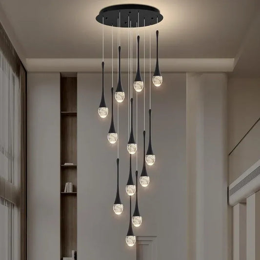 BAMDECOR LT08 12-Heads Solid Crystal Teardrop Chandelier High Ceiling Foyers Entrance Chandeliers Staircase Long Pendant Light (Black)