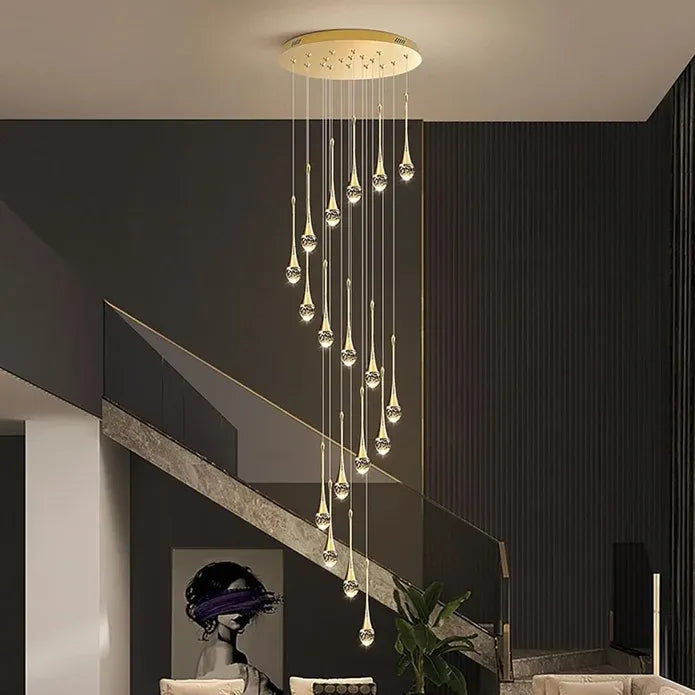 BAMDECOR LT08 18-Heads Solid Crystal Teardrop Chandelier High Ceiling Foyers Entrance Chandeliers Staircase Long Pendant Light (Gold)