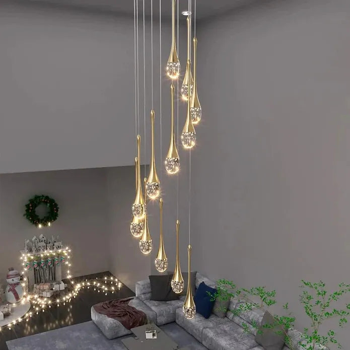 BAMDECOR LT08 18-Heads Solid Crystal Teardrop Chandelier High Ceiling Foyers Entrance Chandeliers Staircase Long Pendant Light (Gold)