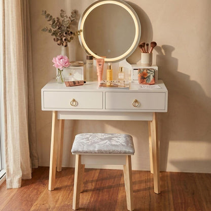 Zhima Vanity Table Stool Set with Make-up LED Lighted Mirror-White