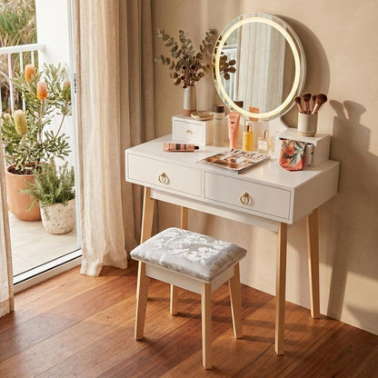 Zhima Vanity Table Stool Set with Make-up LED Lighted Mirror-White