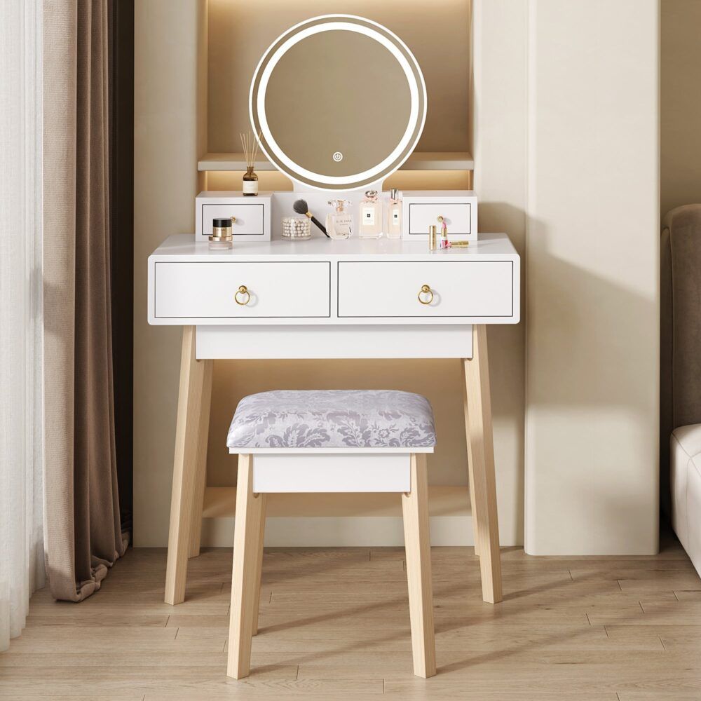 Zhima Vanity Table Stool Set with Make-up LED Lighted Mirror-White