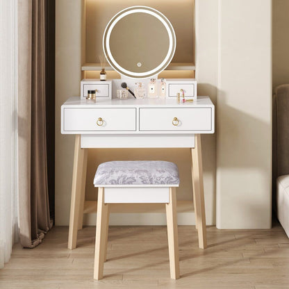 Zhima Vanity Table Stool Set with Make-up LED Lighted Mirror-White