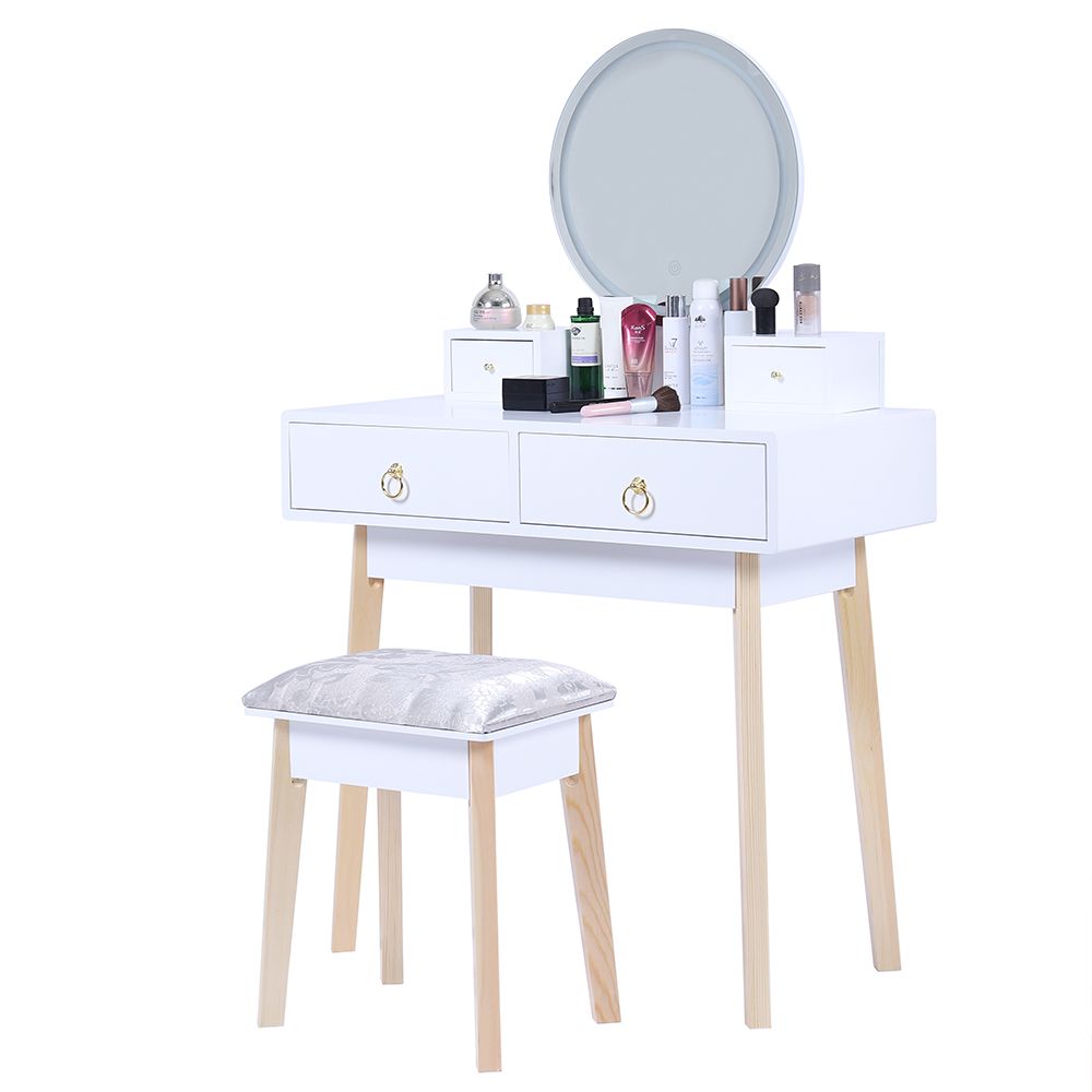 Zhima Vanity Table Stool Set with Make-up LED Lighted Mirror-White