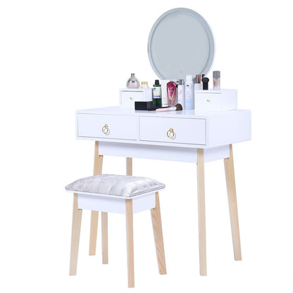 Zhima Vanity Table Stool Set with Make-up LED Lighted Mirror-White