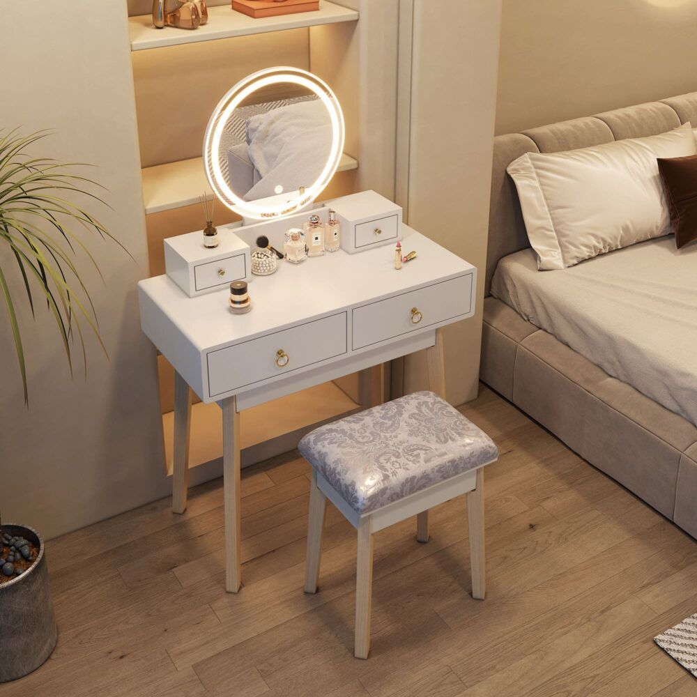 Zhima Vanity Table Stool Set with Make-up LED Lighted Mirror-White