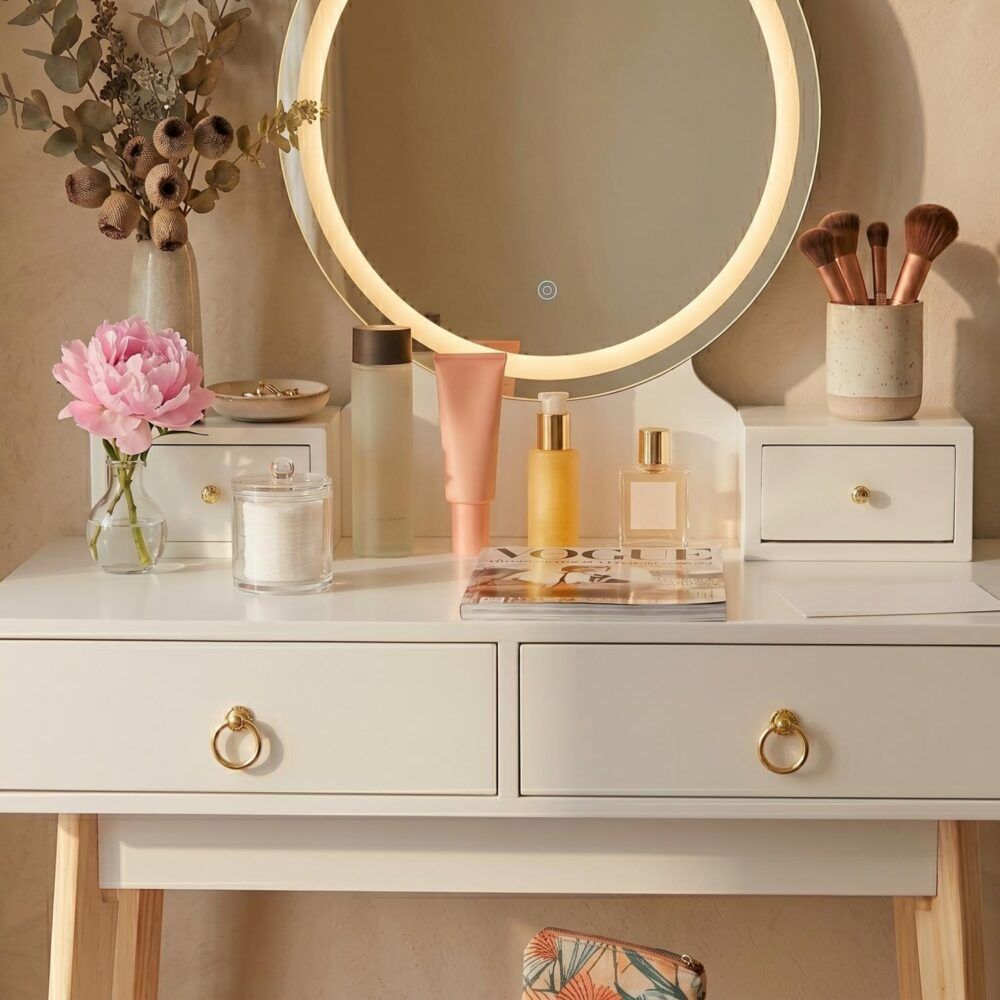 Zhima Vanity Table Stool Set with Make-up LED Lighted Mirror-White
