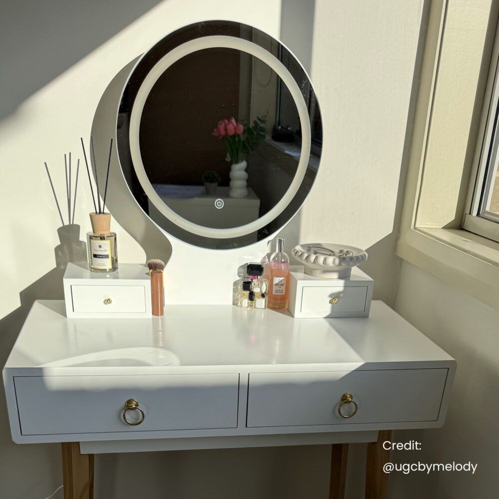 Zhima Vanity Table Stool Set with Make-up LED Lighted Mirror-White