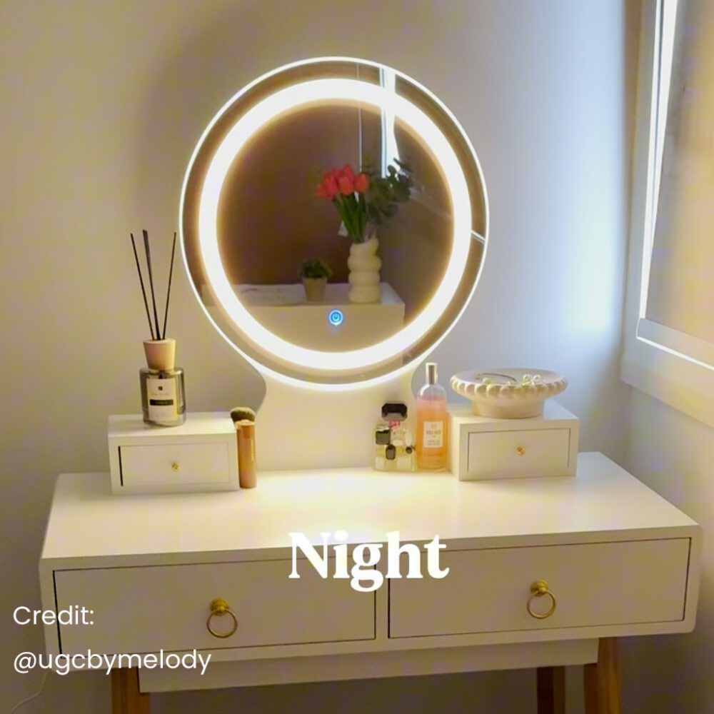 Zhima Vanity Table Stool Set with Make-up LED Lighted Mirror-White