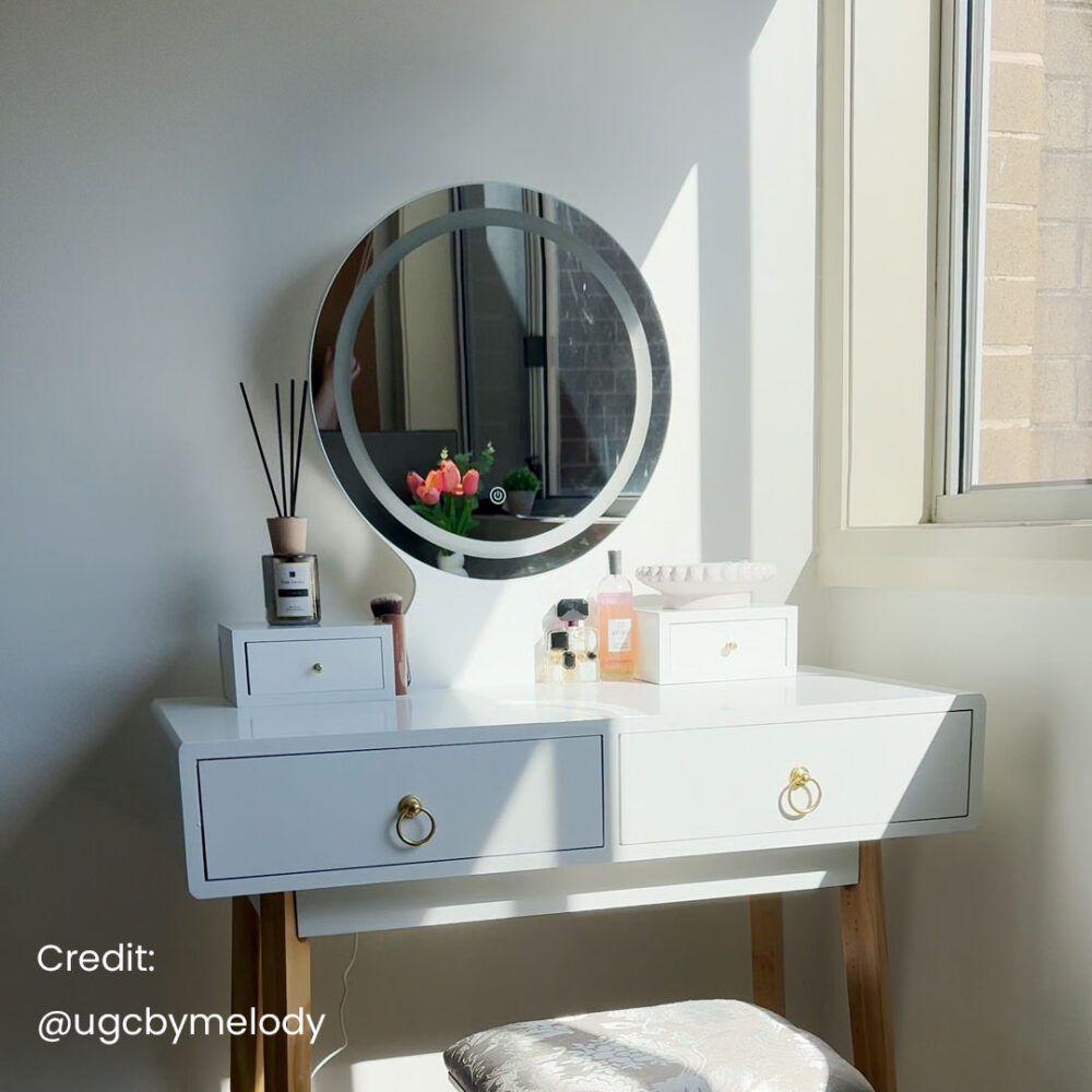 Zhima Vanity Table Stool Set with Make-up LED Lighted Mirror-White