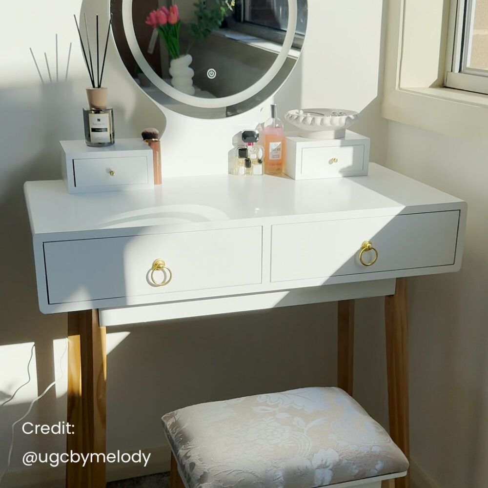 Zhima Vanity Table Stool Set with Make-up LED Lighted Mirror-White