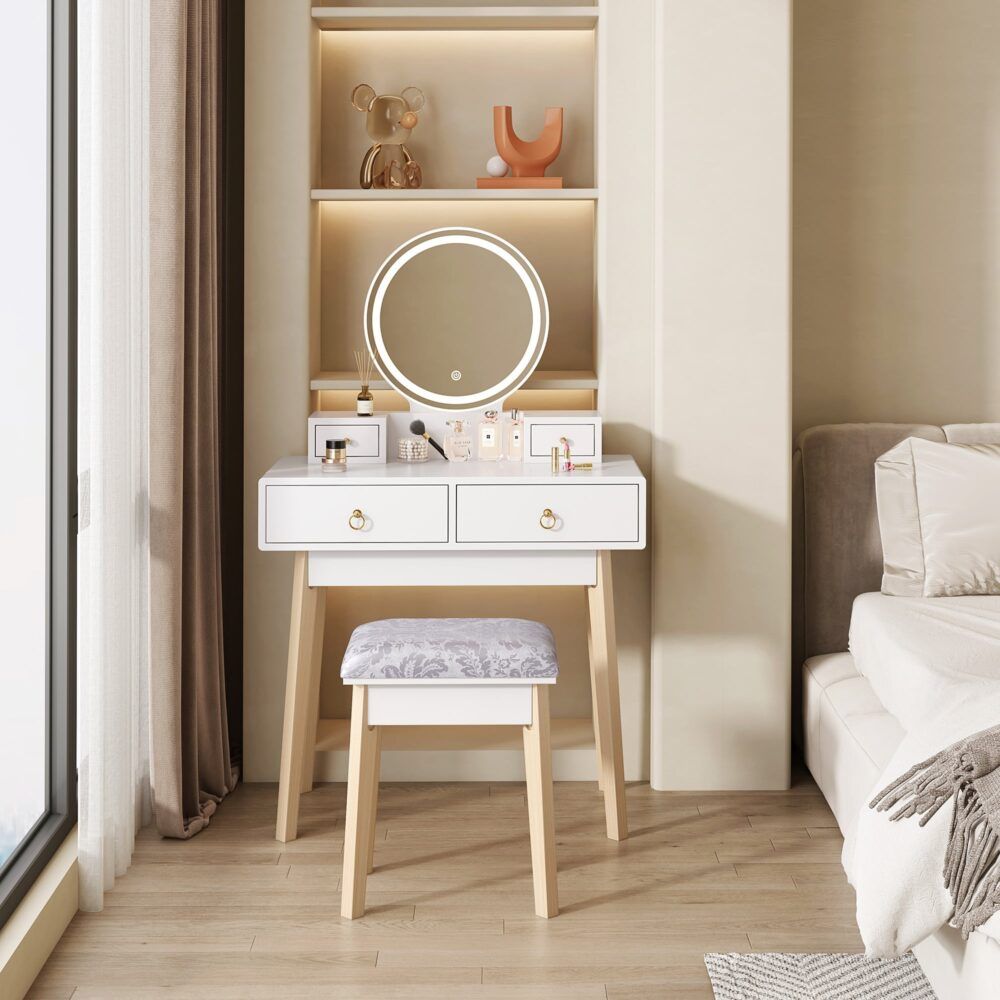 Zhima Vanity Table Stool Set with Make-up LED Lighted Mirror-White