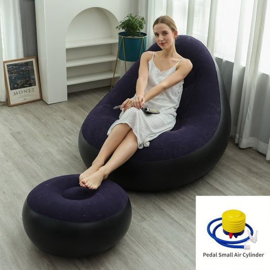 Dark Blue Inflatable Flocked Lounge Chair & Ottoman Set with Foot Pump - Portable Ergonomic S-shaped Air Lounger for Indoor & Outdoor
