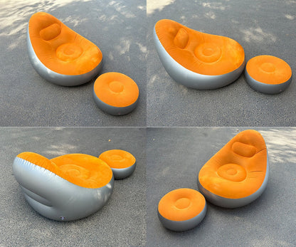 Khaki Inflatable Flocked Lounge Chair & Ottoman Set with Foot Pump - Portable Ergonomic S-shaped Air Lounger for Indoor & Outdoor