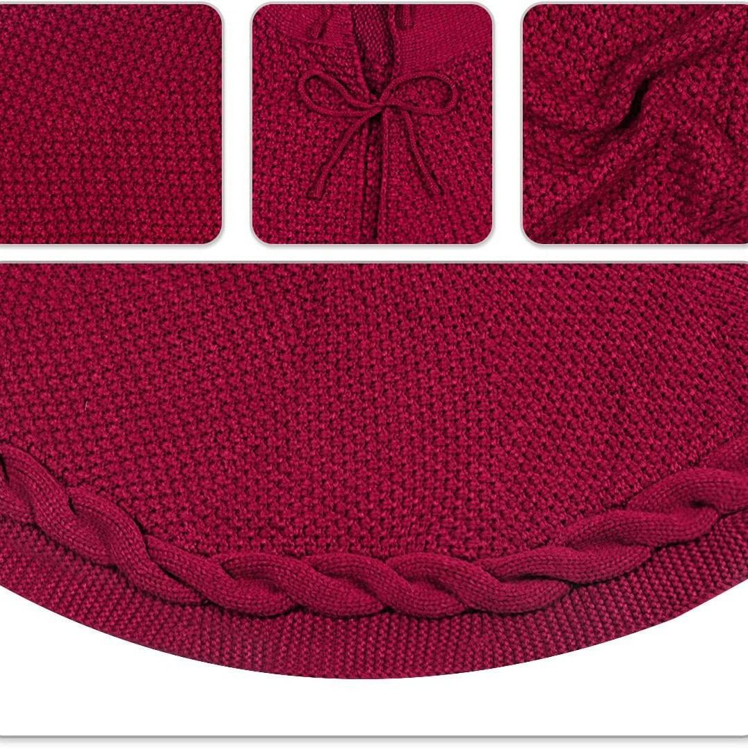 Knitted Christmas Tree Skirt 24 Inch Red Round Tree Base Cover with Cable Knit Border Soft Holiday Tree Skirt Rustic Christmas Decor for Home Fireplace Party Festive Gift Display