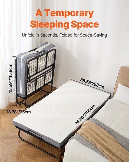 Rollaway Bed, 96.5 cm x 190 cm Folding Bed with 10 cm Mattress, Twin Size Foldable Bed with Sturdy Metal Frame & Memory Foam Mattress, Portable Roll Away Bed with Mattress, for Adults, Guest