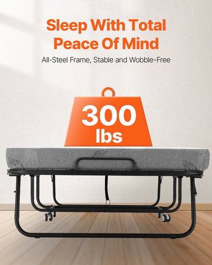 Rollaway Bed, 96.5 cm x 190 cm Folding Bed with 10 cm Mattress, Twin Size Foldable Bed with Sturdy Metal Frame & Memory Foam Mattress, Portable Roll Away Bed with Mattress, for Adults, Guest