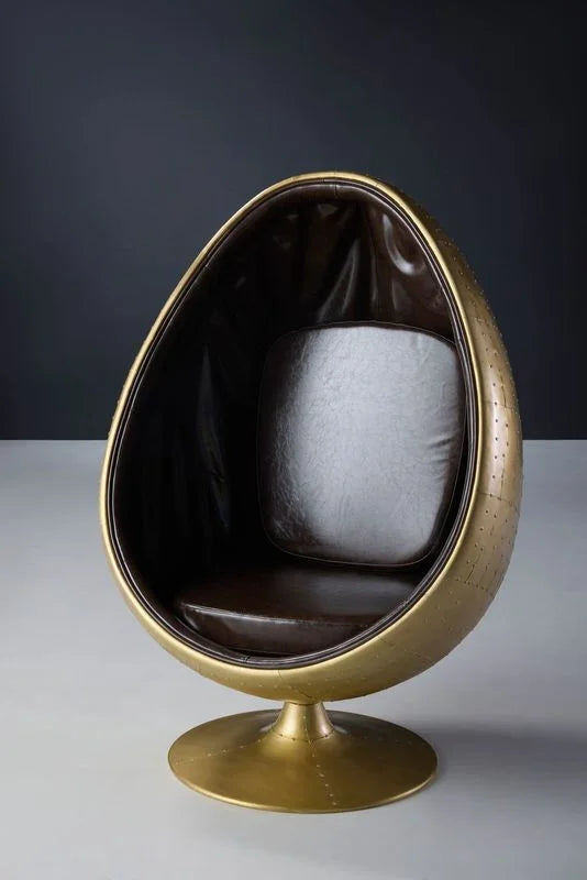 Aluminum Egg Chair With Brown Leather and Metallic Gold Finish