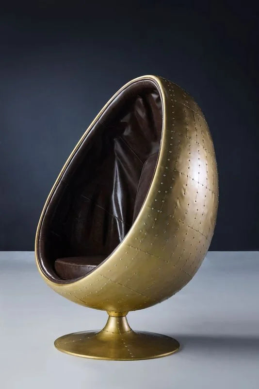 Aluminum Egg Chair With Brown Leather Side View