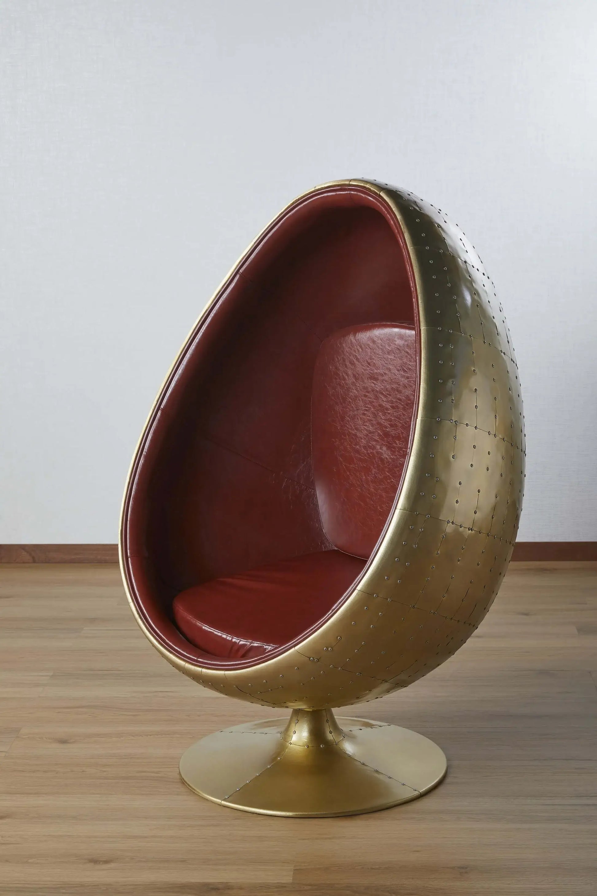 Aluminum Egg Chair With Red Leather and Metallic Gold Finish