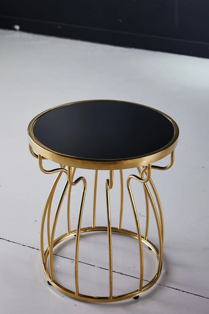 Black Tempered Glass Side Table With Gold Frame Design