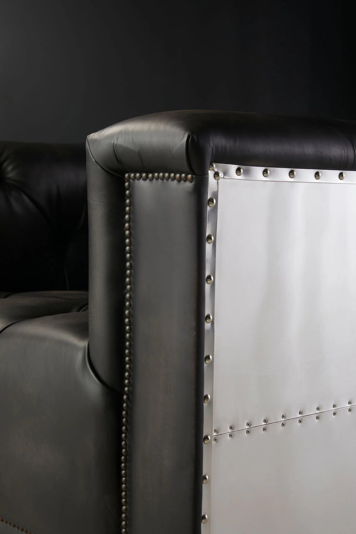 Black Vintage Style Sofa 3 Seater Metallic Accent Detail - Side View