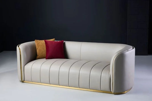 Gia 3-seater taupe leather sofa with pillows