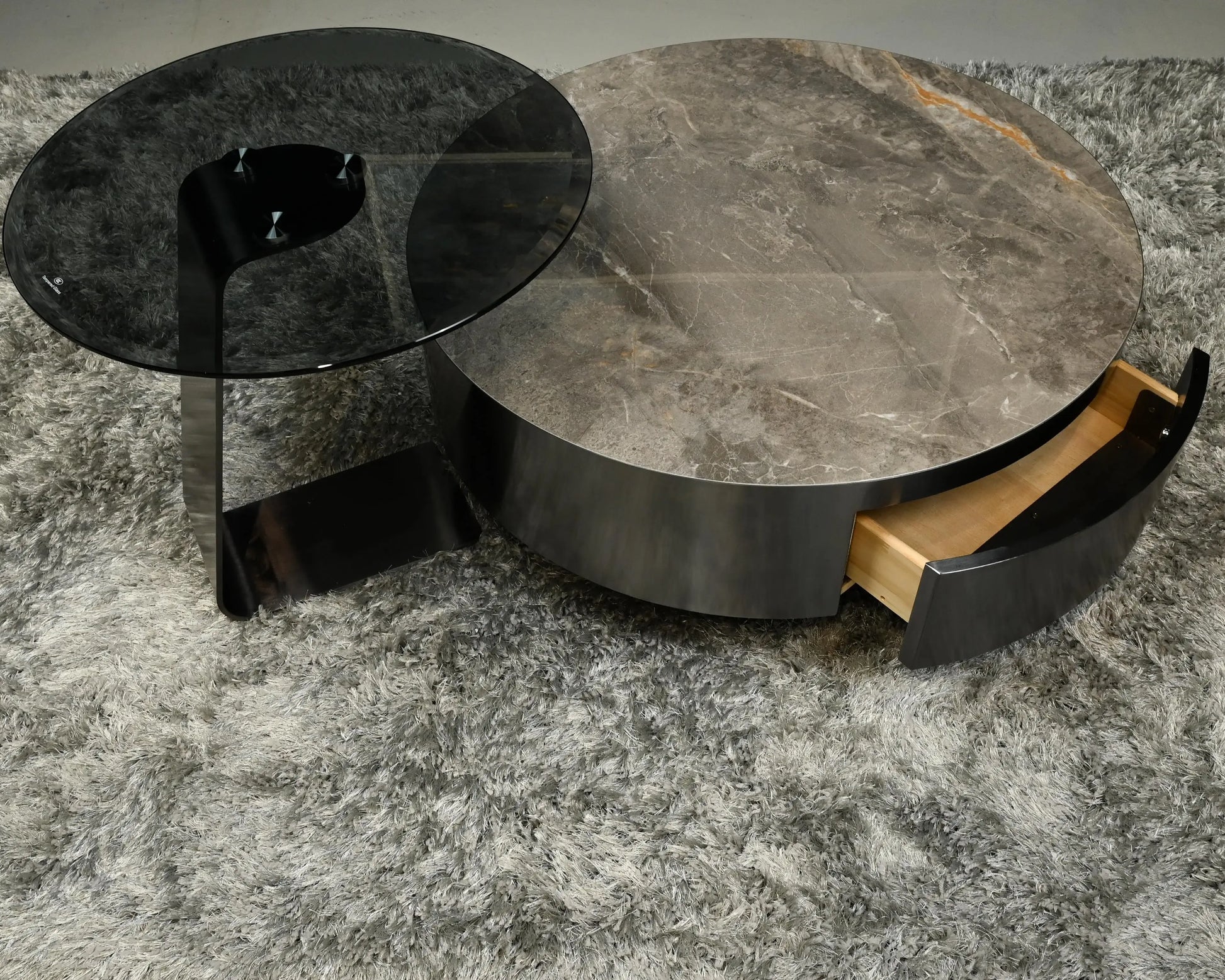 Olive Coffee Table With Glass Top & Hidden Drawer