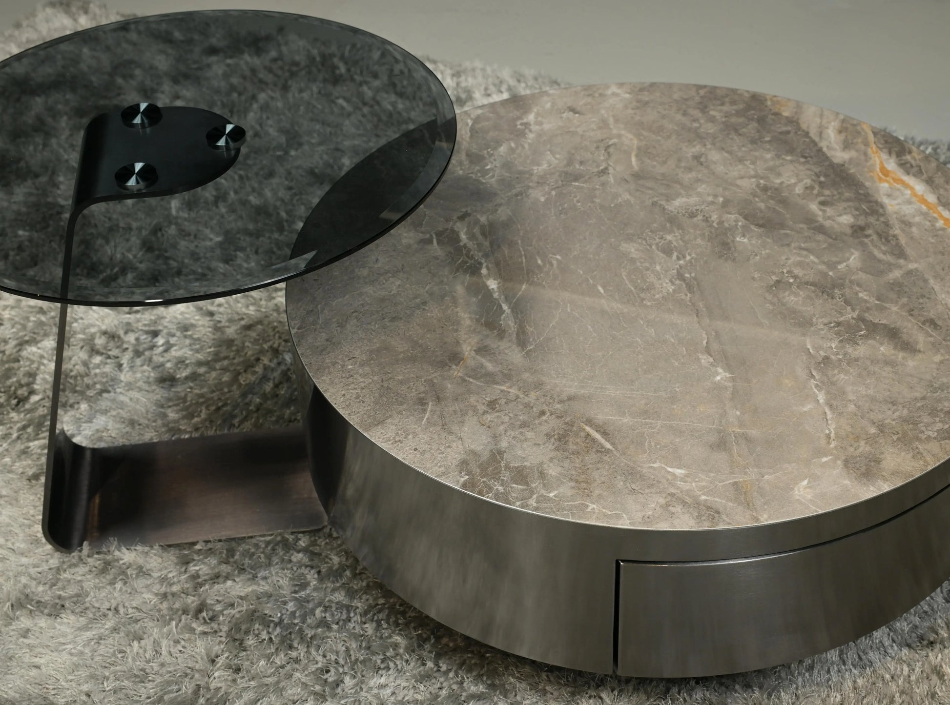 Olive Coffee Table With Marble and Glass Top Surface