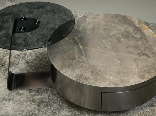 Olive Coffee Table With Marble and Glass Top Surface