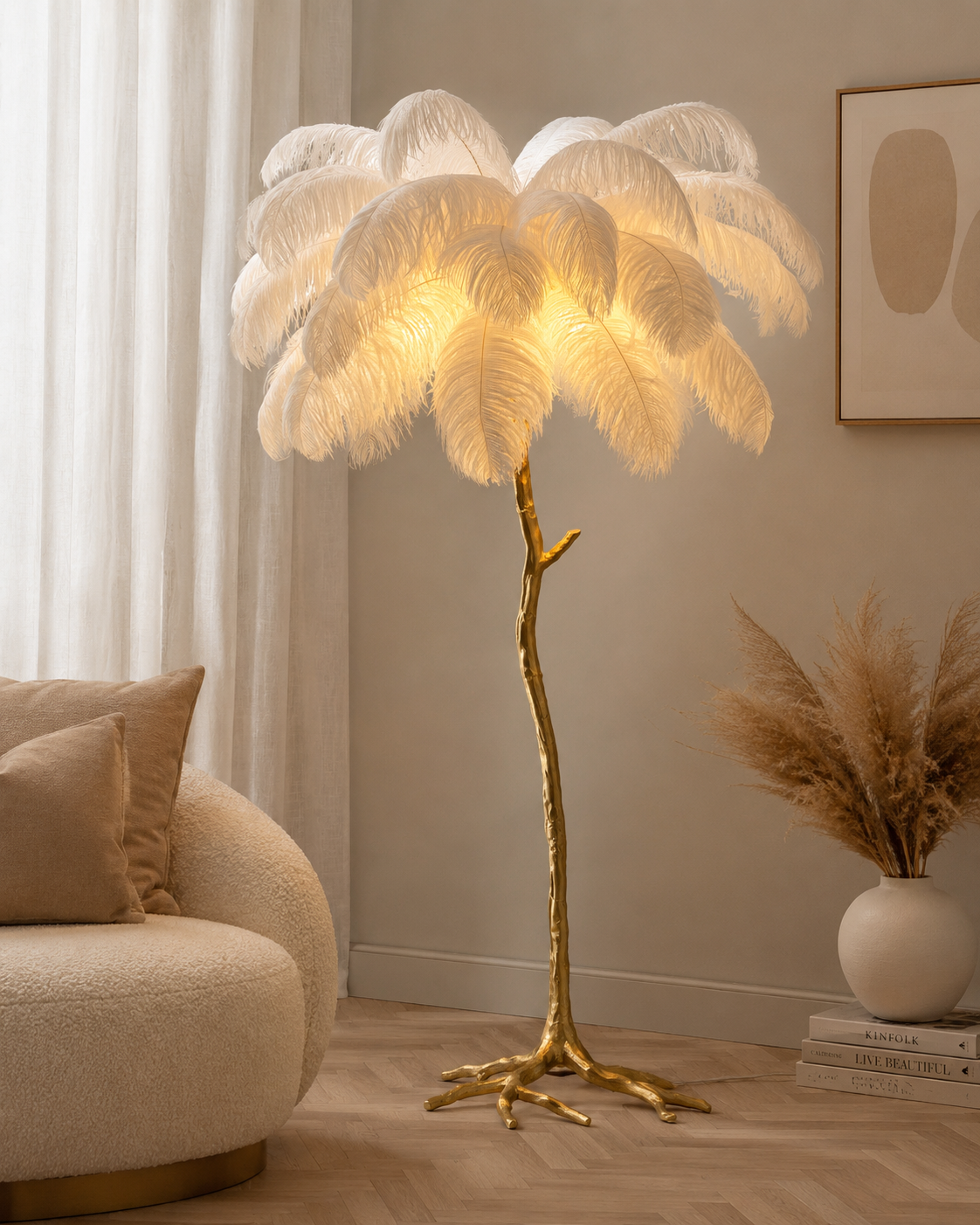 Gold and White Feather Lamp